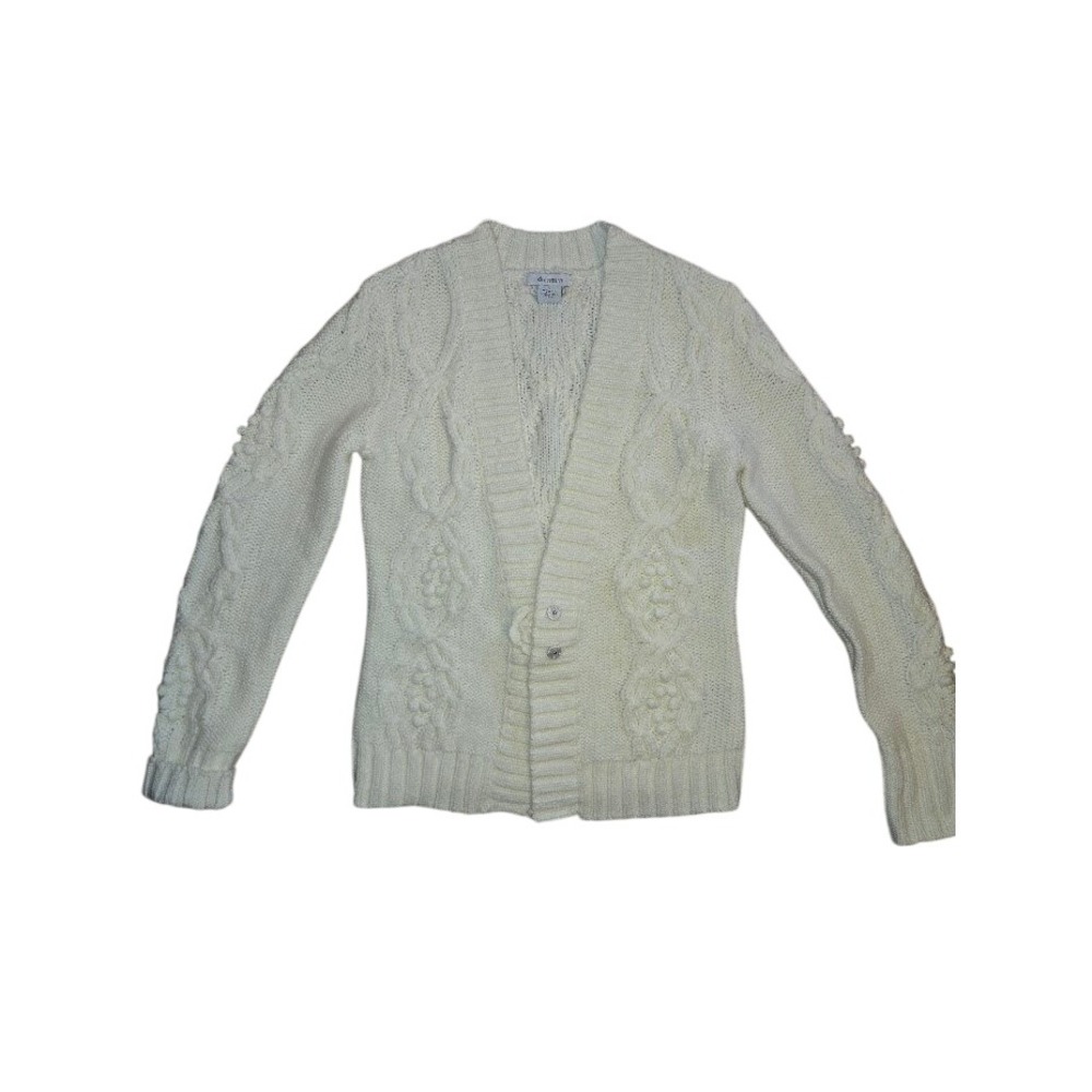 Dressbarn Womens Cream Cable Knit Rosette Button Cardigan Sweater White Size S